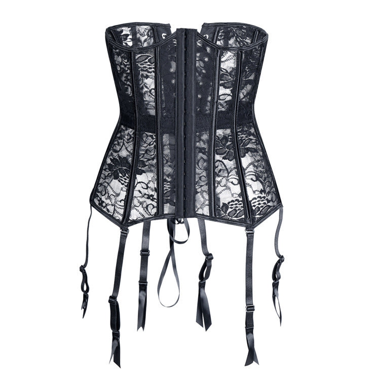 Black Floral Lace See-through Slim Corset With Garter Belt