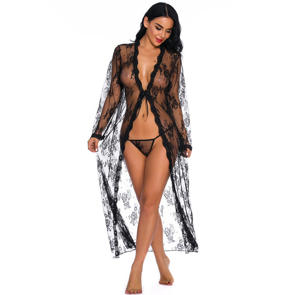 Transparent Long Sleeve Floral Lace Robe With Thong