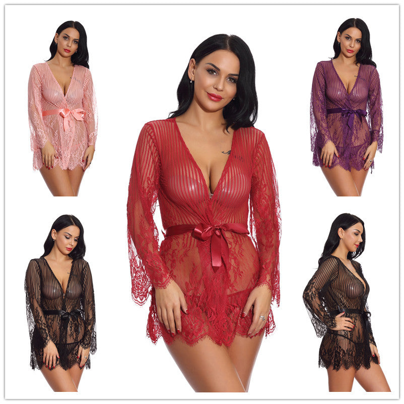 Floral Lace Bell Sleeve Vertical Stripe Robe