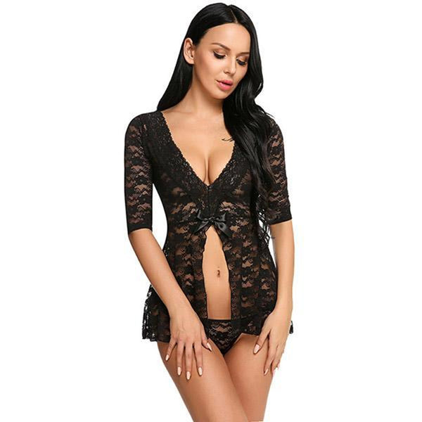 Medium Sleeve Deep V-Neck Floral Lace Nightgown